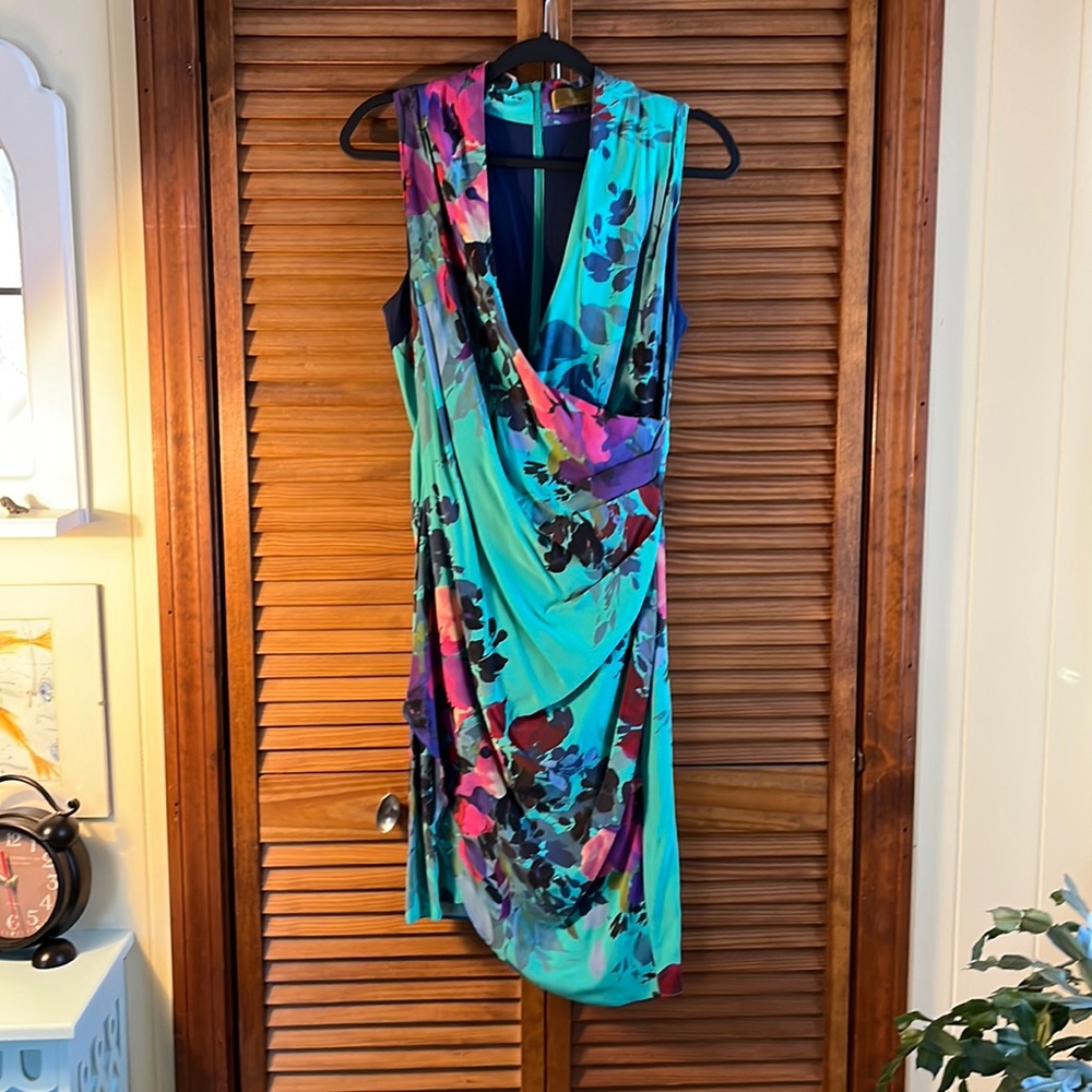 Nicole Miller Dress Sz 10 Green Navy Asymmetrical Floral Multicolored faux wrap